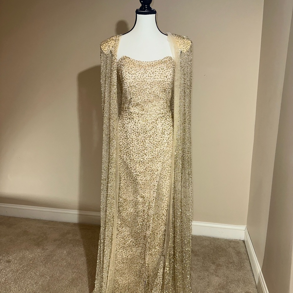 Brand New Fully Beaded Champagne Gown with Detachable Fully Beaded Cape